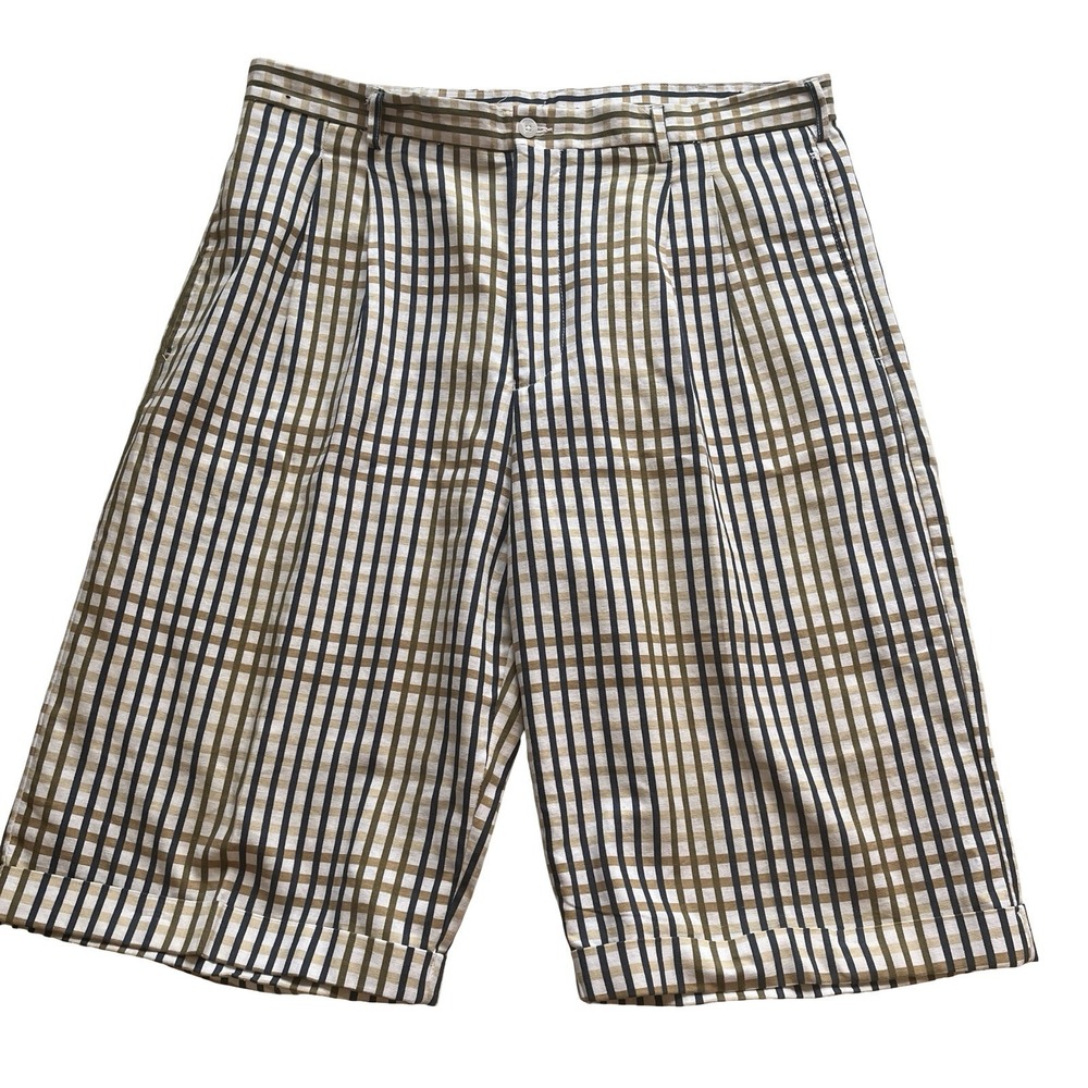 Trust Men's Size 38 Shorts Linen Blend Tan Blue Green Check Long Preppy Formal